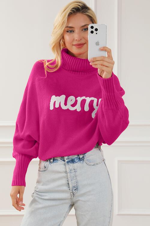 Merry Letter Embroidered High Neck Sweater