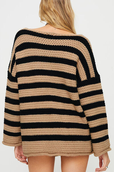 Striped Round Neck Dropped Shoulder Sweater