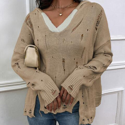 Distressed Slit Drop Shoulder Hooded Sweater