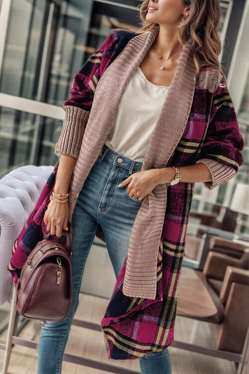 Plaid Open Front Long Sleeve Cardigan