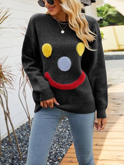 Smile Pattern Round Neck Dropped Shoulder Sweater