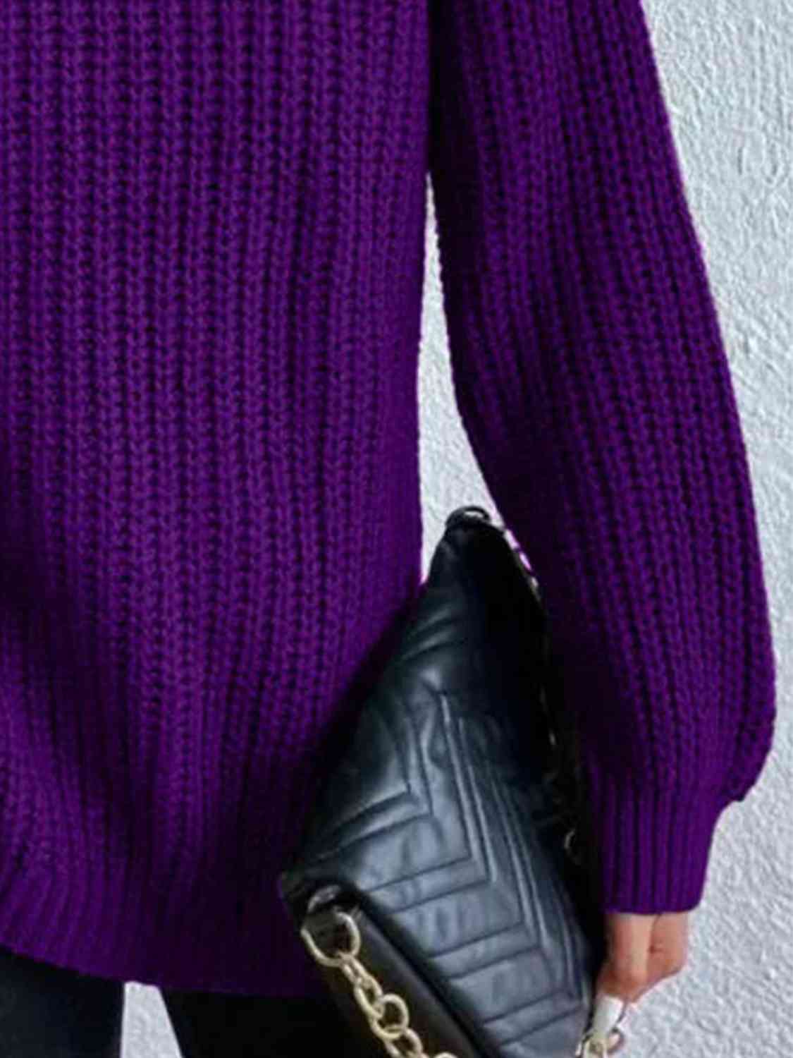 Full Size Turtleneck Rib-Knit Slit Sweater